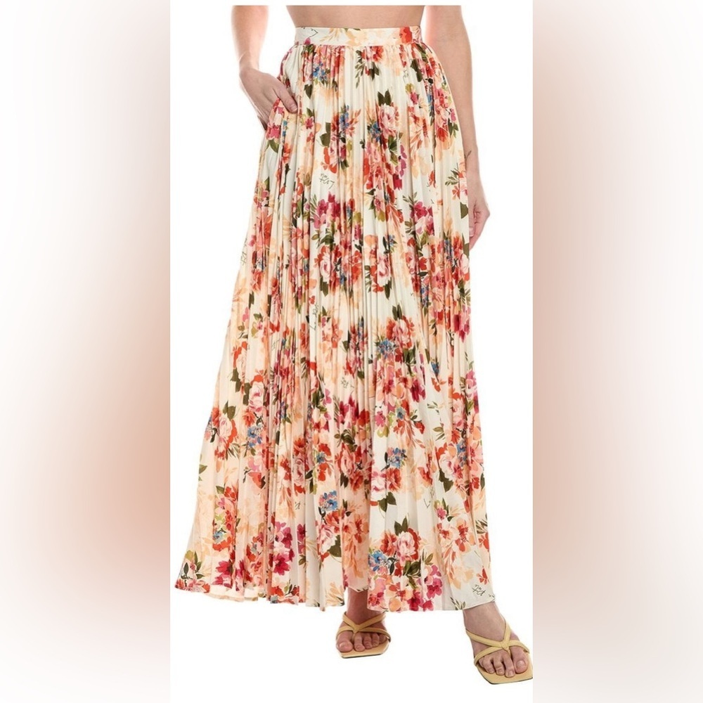 La Porte Floral Pleated Maxi Skirt in Cream and Coral - Picture 5 of 12